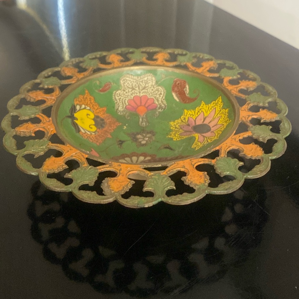 Vintage Indian Pierced Brass Floral Enamel Cloisonné Dish Plate